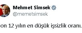 Bakan Şimşek: Son 12 yılın en düşük işsizlik oranı